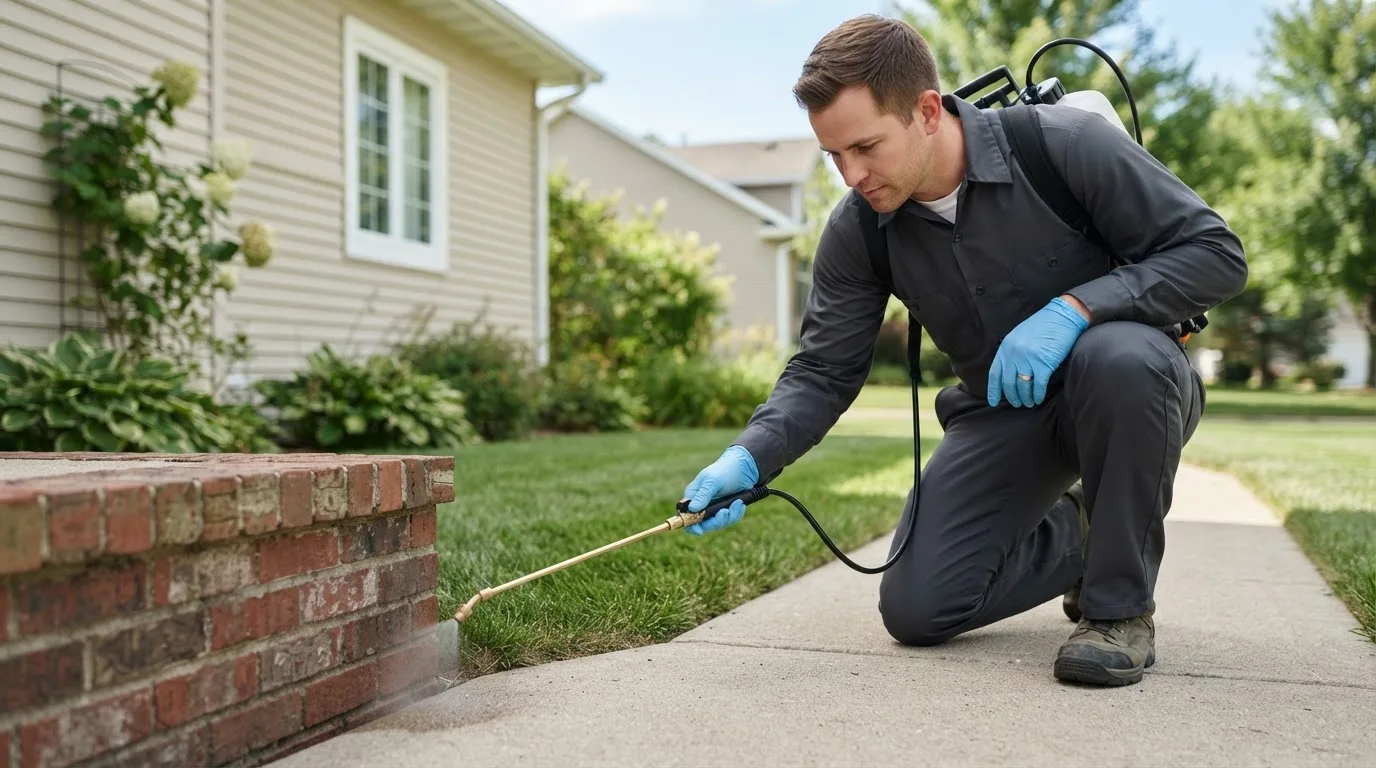 Pest control technician treating a home near Manitowoc, WI