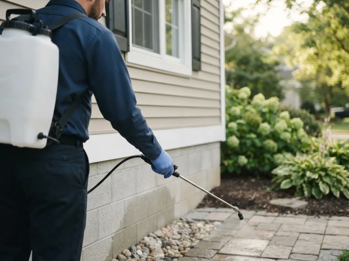 Pest control technician inspecting a home in Manitowoc, WI